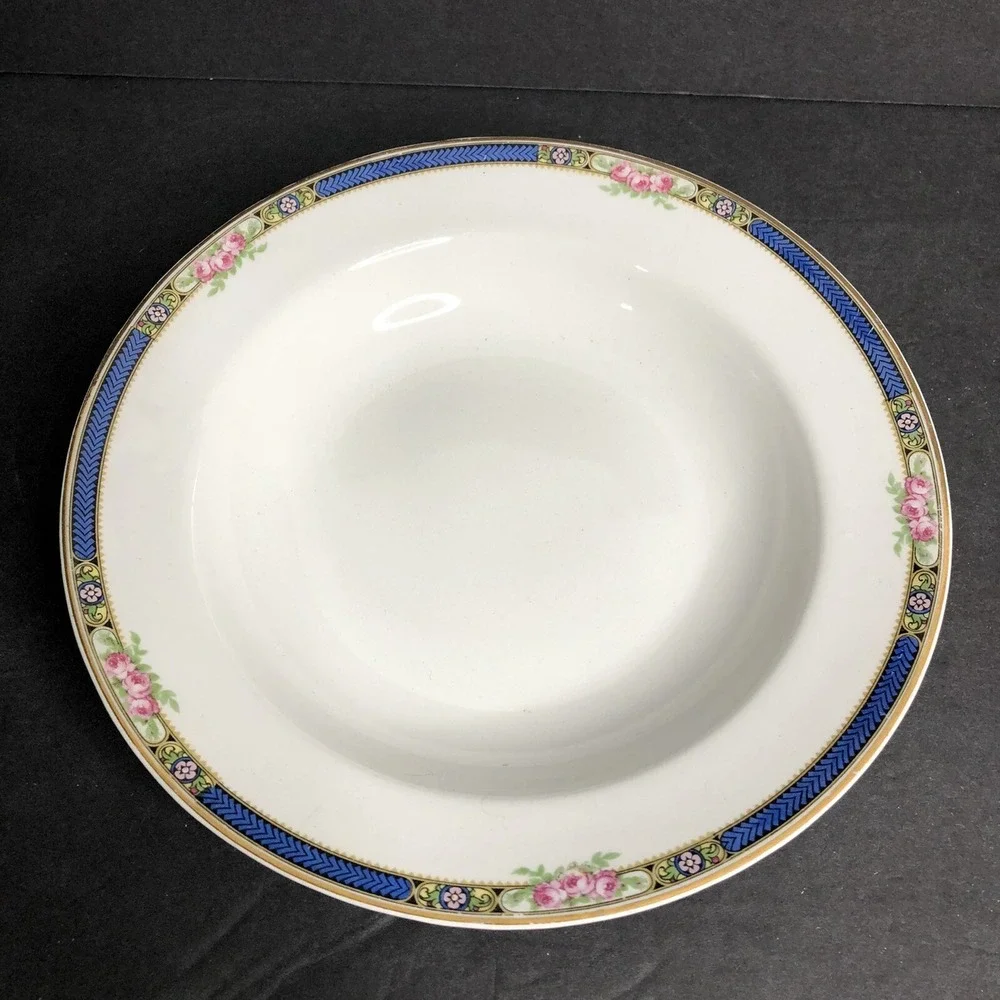 2 Steubenville Rimmed Soup Bowls Cobalt Blue Rim Pink Roses Vintage 8 3/4